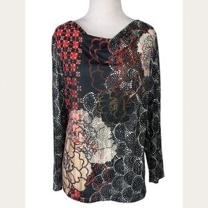 Chico’s Lightweight Long Sleeve Drape Neck Black & Burgundy Floral Studded Top S